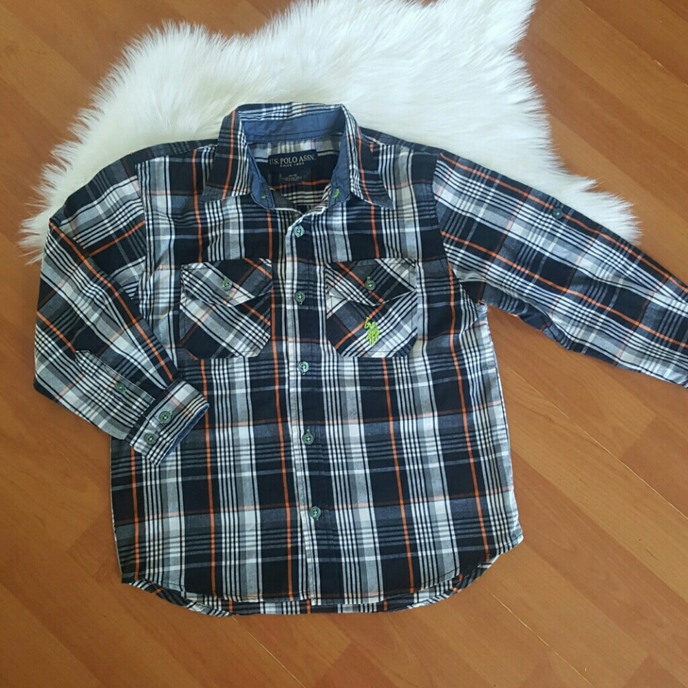 ❤Boys US POLO ASSN black gray plaid button shirt
